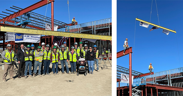 a group of construction workers standing in front of a partially completed school with a steel beam behind them; and two construction workers standing on parallel steel beams as the final beam is lowered to them