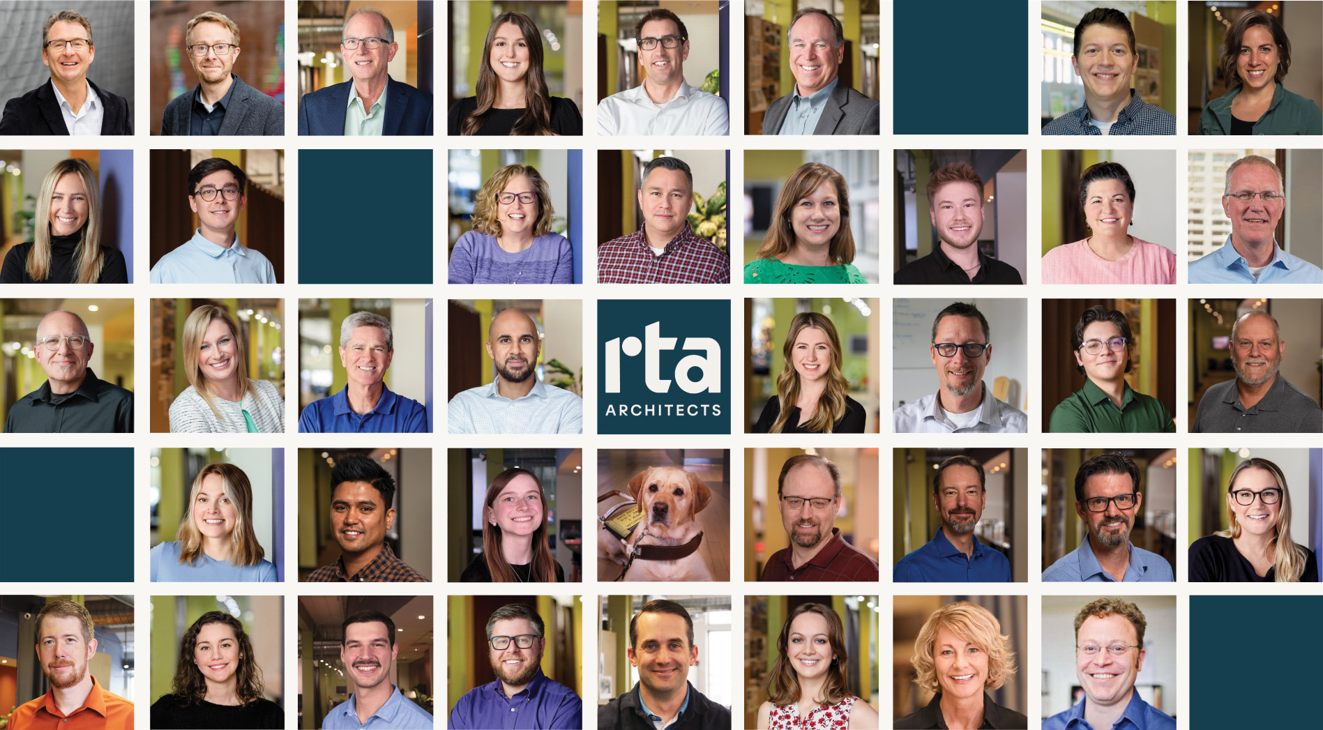 RTA logo mosaic with staff headshots