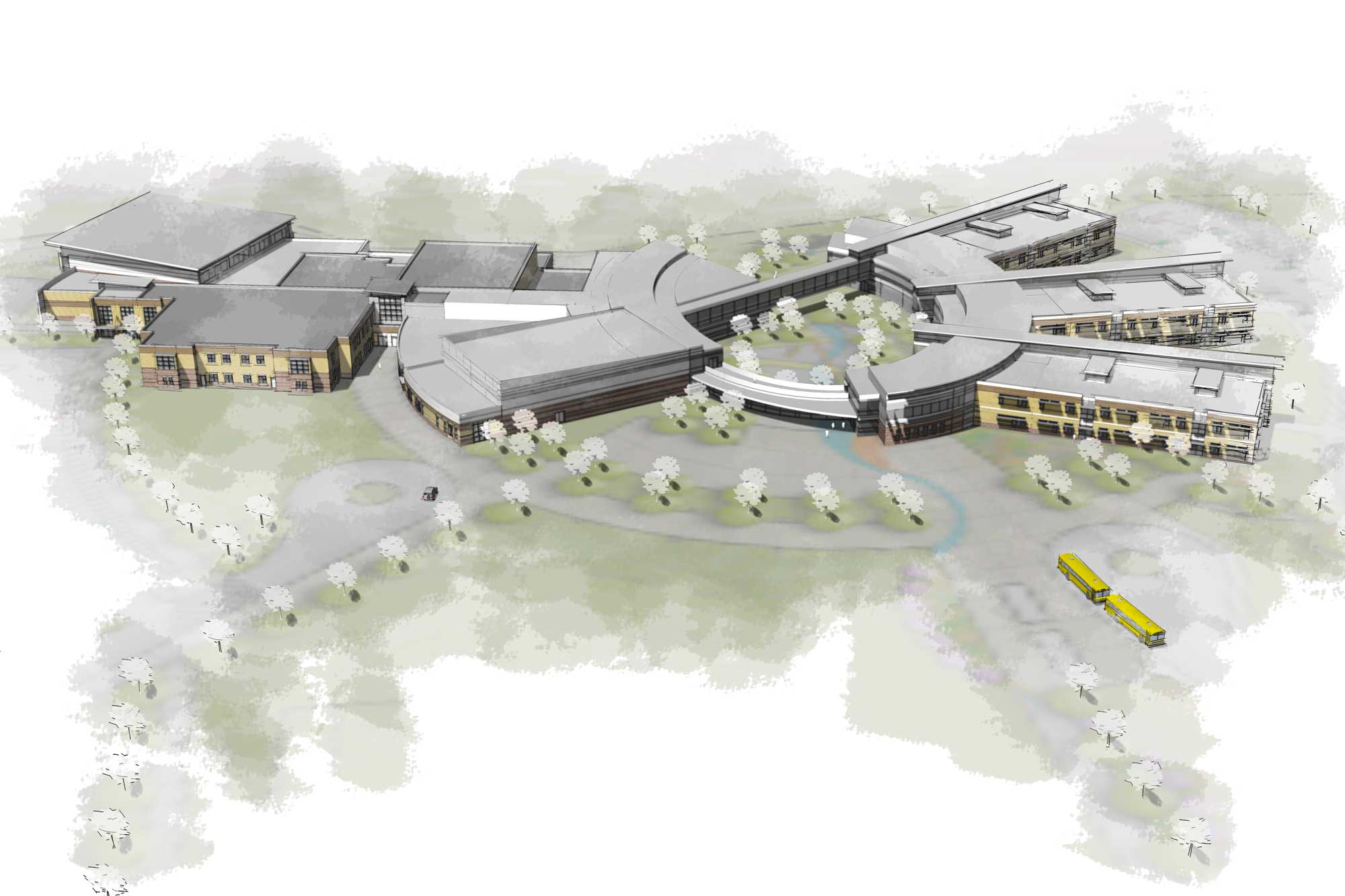 Aerial rendering of Bear Creek High School featuring a wheel and spoke pattern of buildings.