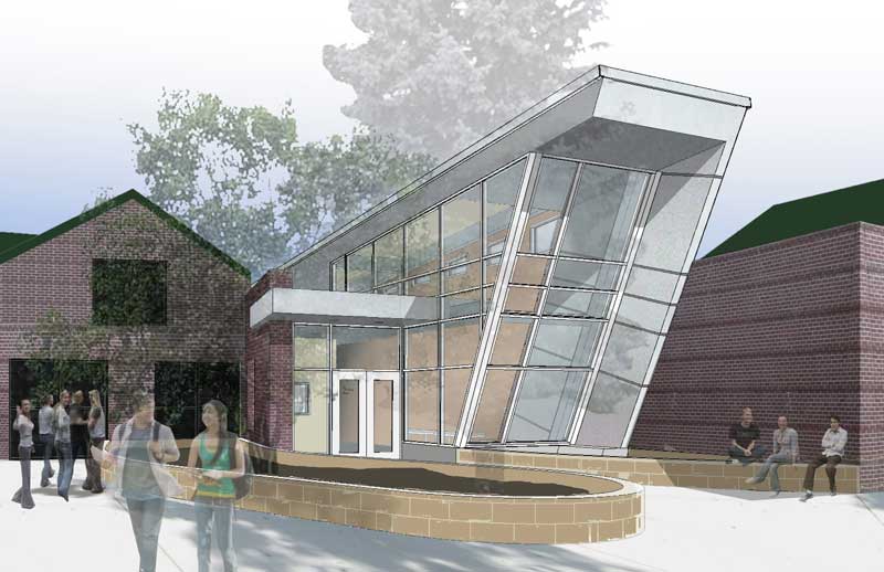 Exterior view of Bear Creek Elementary School, showcasing modern architectural design with large glass windows, clean lines, and a spacious outdoor area surrounded by lush greenery under a clear blue sky.