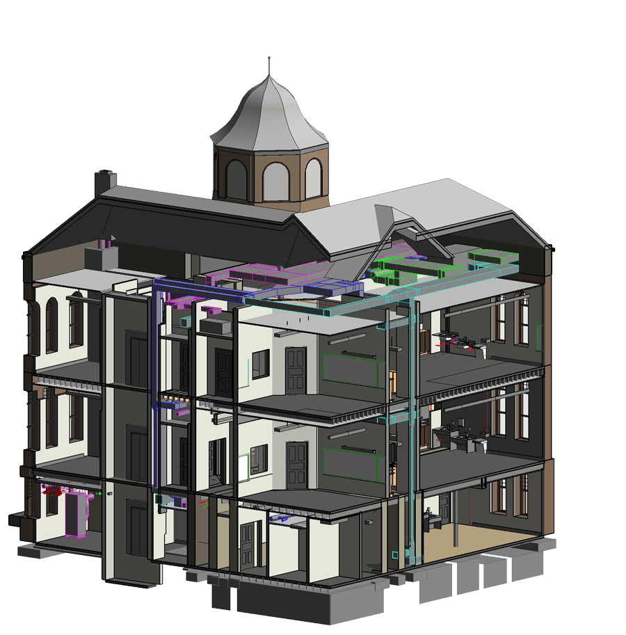 3D drawing of Mapleton School displaying the interior view of all three floors. 