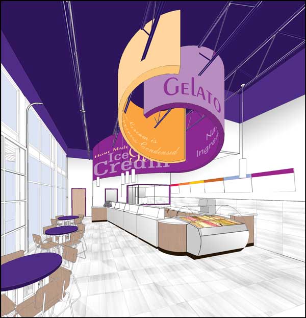 Rendering of the ice cream store interior featuring a large curved overhead sign. 