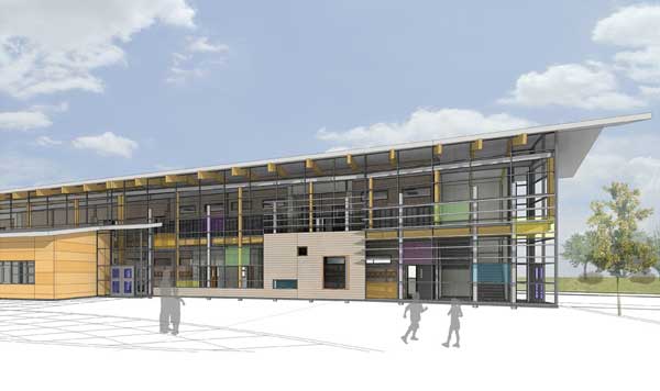 Color rendering of Moffat School, highlighting a sloped flat roof, clean lines, large windows, and a mix of metal and brick materials. 