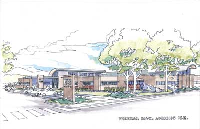 Water color rendering of the building exterior, along with landscaping and parking. 