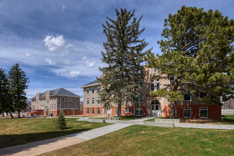 Large pine trees and open walkway in front of the Colorado Springs Deaf and Blind School.