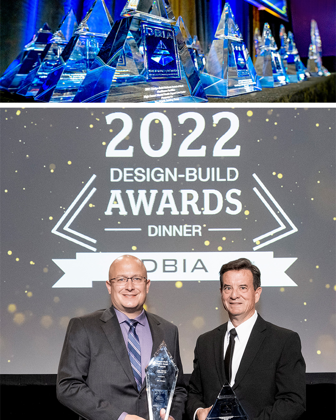 GE Johnson representatives receiving the 2022 Best Small Project and a Merit Award from the Design-Build Institute of America