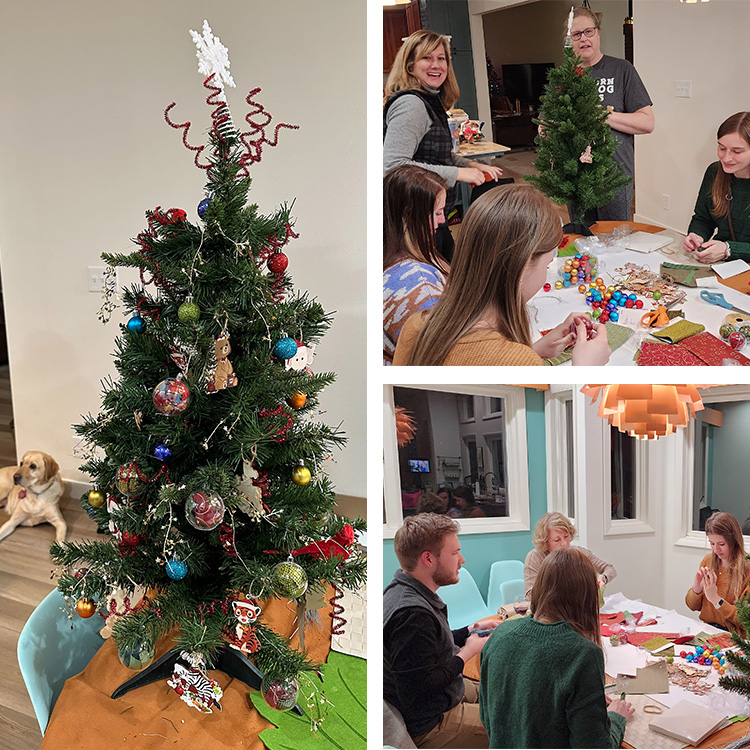 A group of three photos that show a small, decorated Christmas tree on a table with a dog in the background; a group of 3 women sitting at a table with two women standing, the table is covered with Christmas ornaments and paper, a bare Christmas tree sits on the edge; and 3 women and one man sitting around a table, paper and Christmas tree ornaments cover the table.