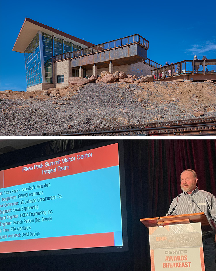the visitor center on Pikes Peak viewed from train tracks running below; and a man stands at a podium beside a screen that lists the visitor center project team at the ENR awards breakfast
