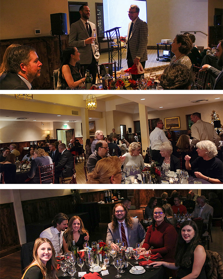 a photo collage of three images, each depicting a gathering of people sitting and standing around tables at a holiday party
