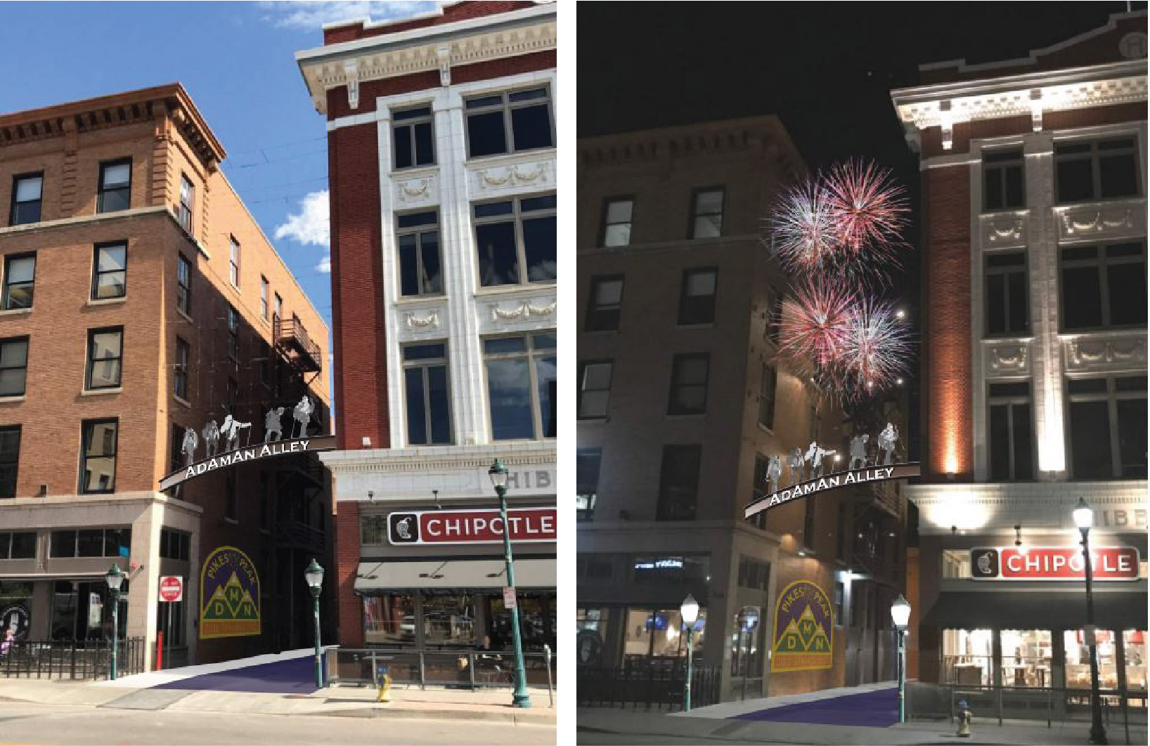 renderings showing the adaman alley sign and firework screen