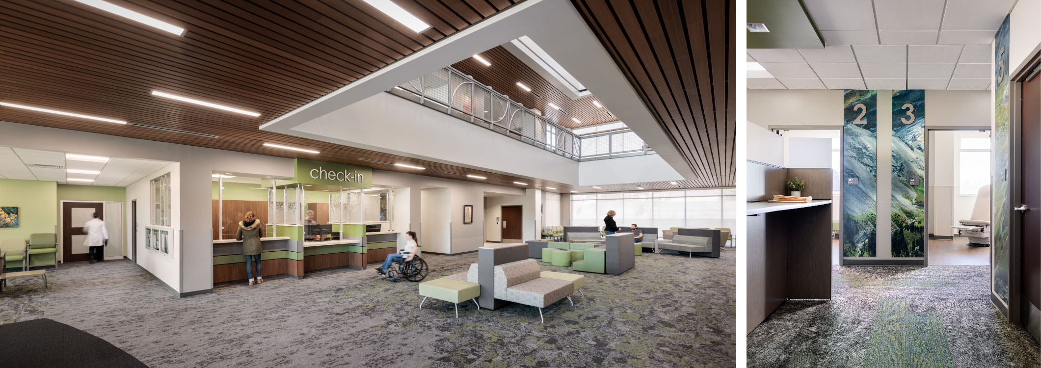 east side clinic lobby and hallway with nature-inspired signage