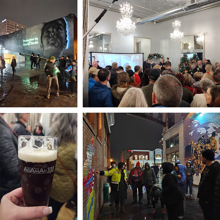 a group of four images. a group of people in winter attire standing before a mural in an alley; a crowd of people in an opulent room facing a man giving a speech; a hand holding a commemorative beer glass; a group of people in winter attire in an alley stand around a woman explaining a mural