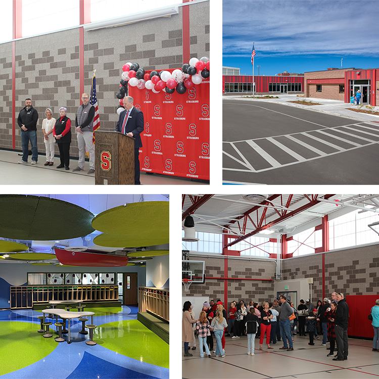 a collage of two photos of an elementary school community open house with a crowd of people and a man giving a speech at a podium; the outside entrance of an elementary school; and a colorful lilly pad themed room inside the school
