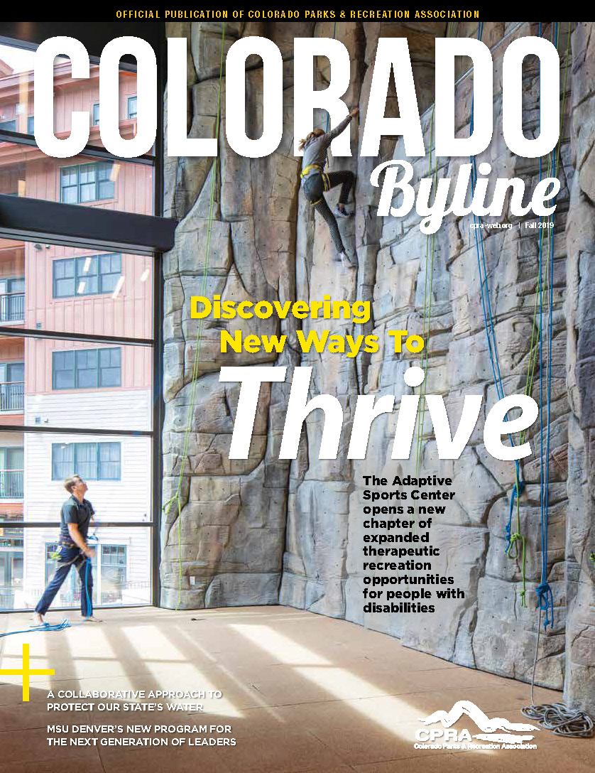 cover of Colorado Byline with photo of Adaptive Sports Center climbing wall