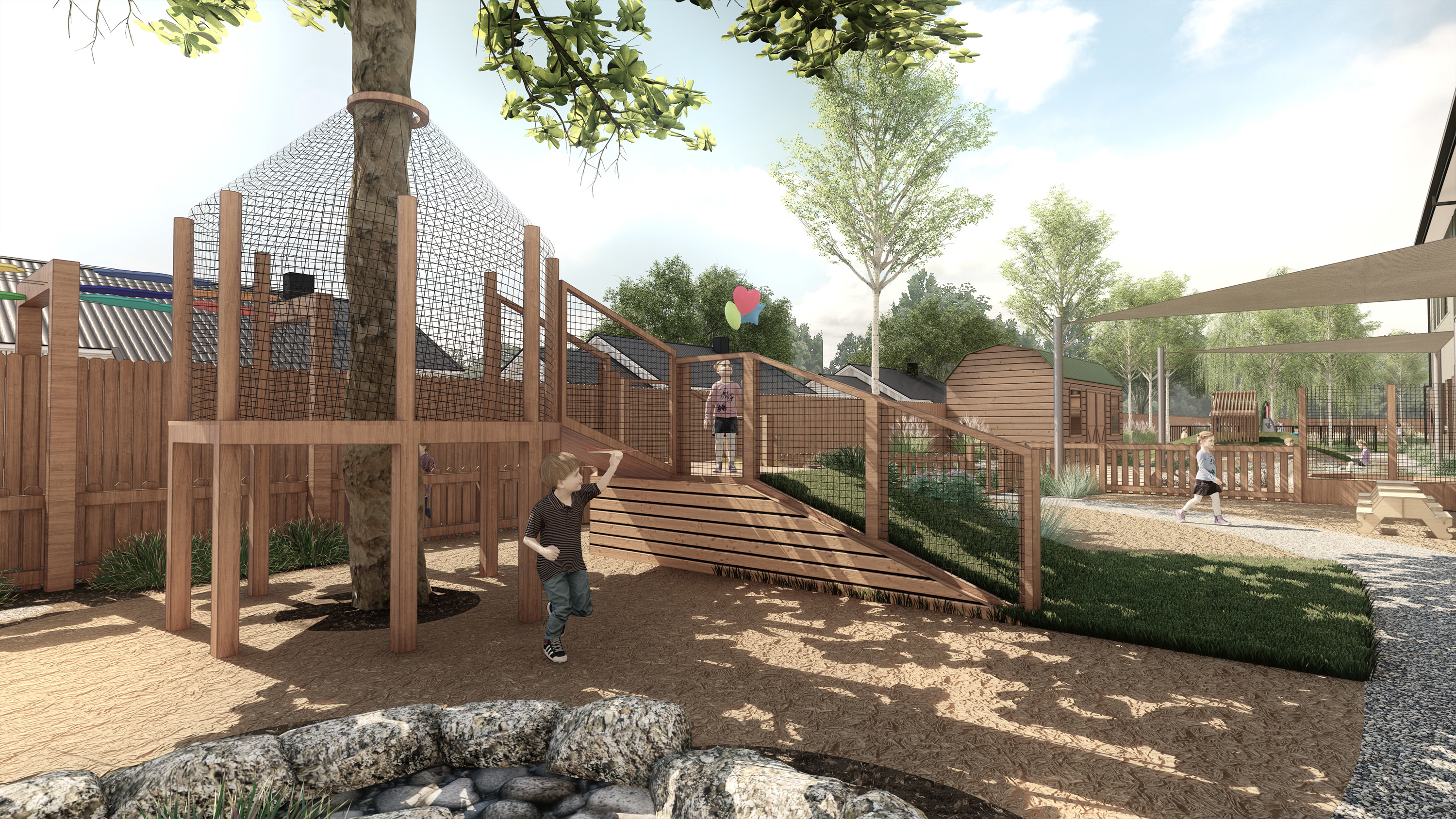 salida montessori exterior rendering outdoor play