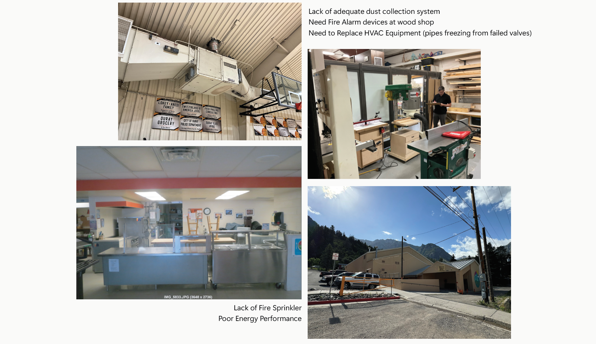 Collage of photos illustrating facility deficiencies at the school. Top left: HVAC ducts and equipment requiring replacement due to freezing pipes and failed valves. Top right: Wood shop lacking adequate dust collection and missing required fire alarm devices. Bottom left: Kitchen area with outdated equipment and no fire sprinkler system, contributing to poor energy performance. Bottom right: Exterior view of the school building showing site conditions related to aging infrastructure. Text notes highlight the need for dust collection, fire alarms in the wood shop, HVAC replacement, and fire sprinkler installation