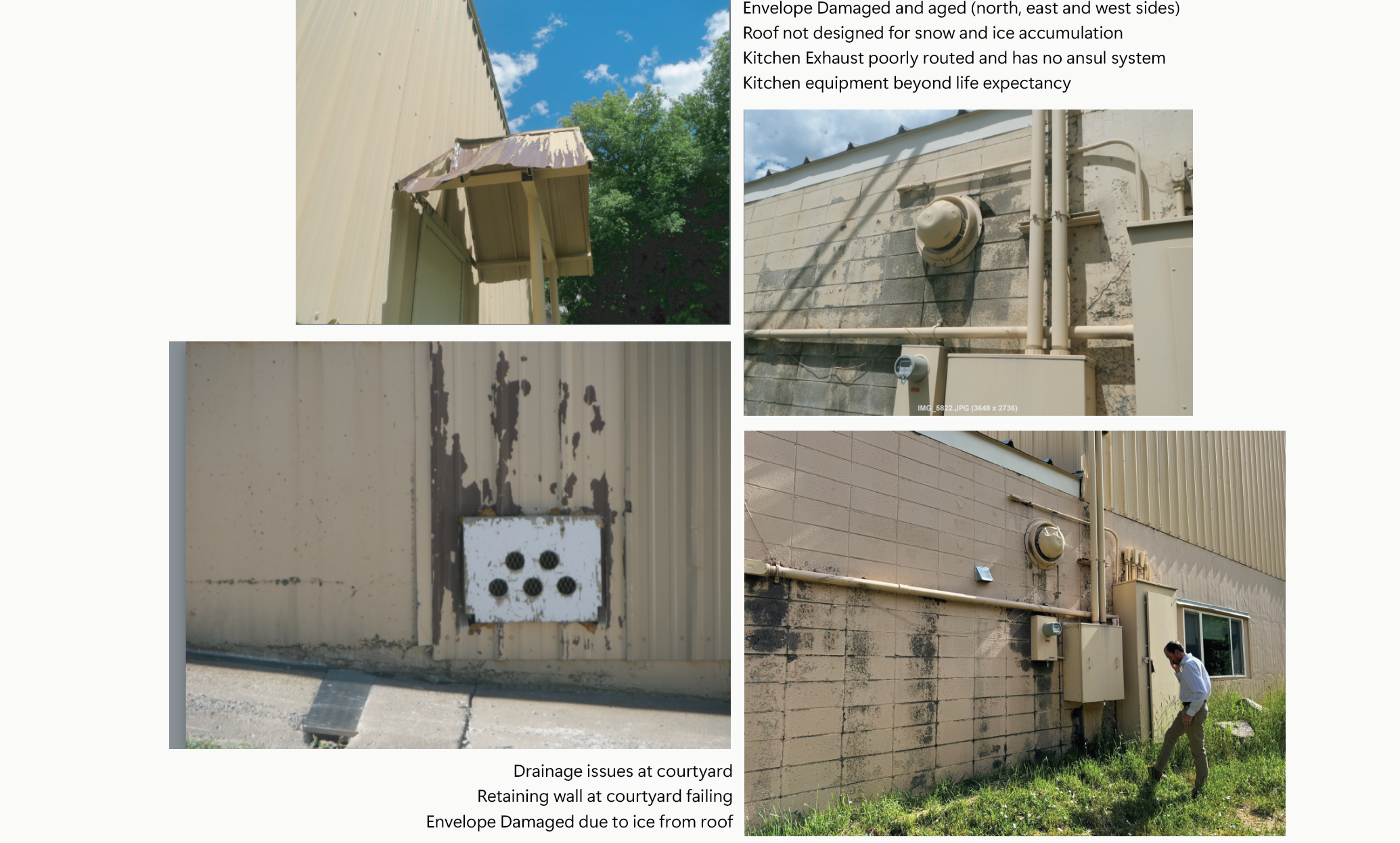Collage of photos showing exterior building and site deficiencies. Top left: Damaged and aging building envelope on the north, east, and west sides, including roof areas not designed to handle snow and ice accumulation. Top right: Kitchen exhaust equipment poorly routed on the exterior wall and lacking an ansul system; equipment is beyond expected life. Bottom left: Wall damage and deterioration at the courtyard, with signs of water intrusion and weathering. Bottom right: Exterior wall and mechanical systems with staining and visible deterioration, alongside failing retaining wall and drainage issues at the courtyard. Text notes identify damaged building envelope, inadequate roof design for snow and ice, poorly routed kitchen exhaust, aging kitchen equipment, and courtyard drainage and retaining‑wall failures.